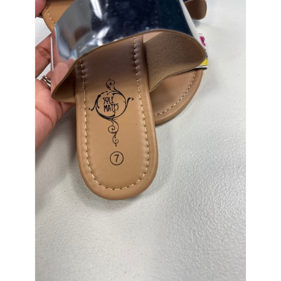 Sole Mates Womens Silver Flat Slide Sandals with Colorful Embroidery Size 7 - Picture 5 of 6